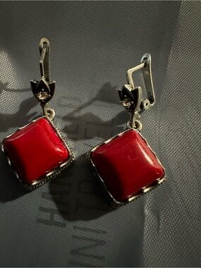 Red Square Drop Earrings - Floral Accent
